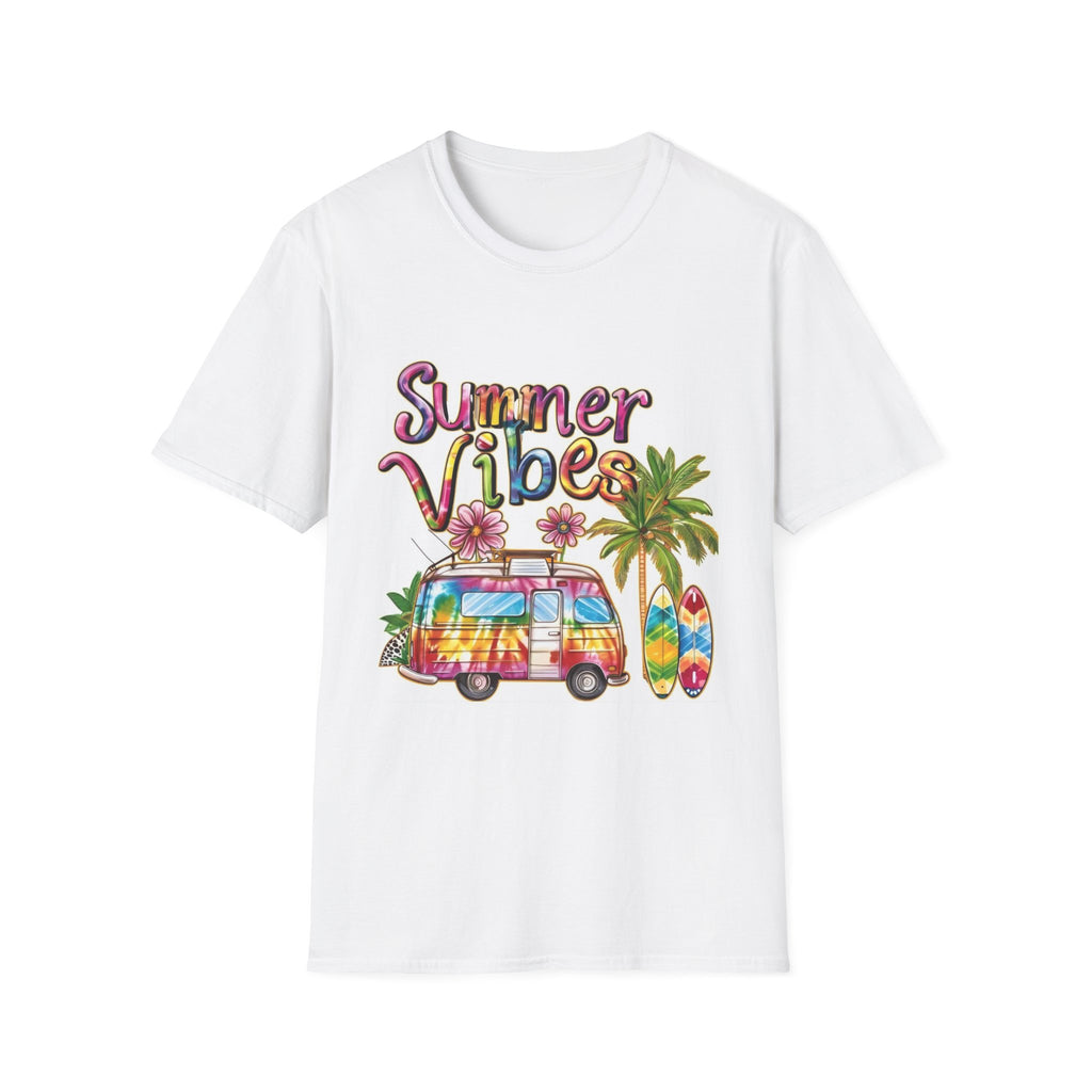 Summer Vibes T-Shirt — Tie-Dye Camper, Palm Trees & Surfboard Tee