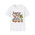 Summer Vibes T-Shirt — Tie-Dye Camper, Palm Trees & Surfboard Tee