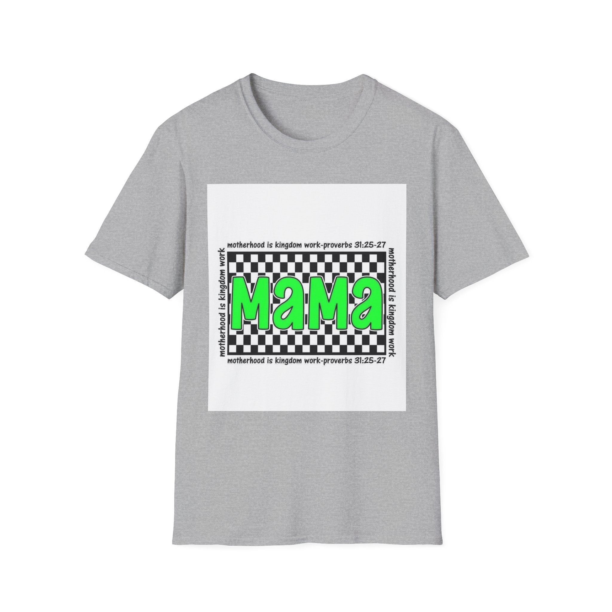 Mama Graphic T-Shirt — Neon Green Checkerboard Mom Shirt (Proverbs 31:25-27 Accent)