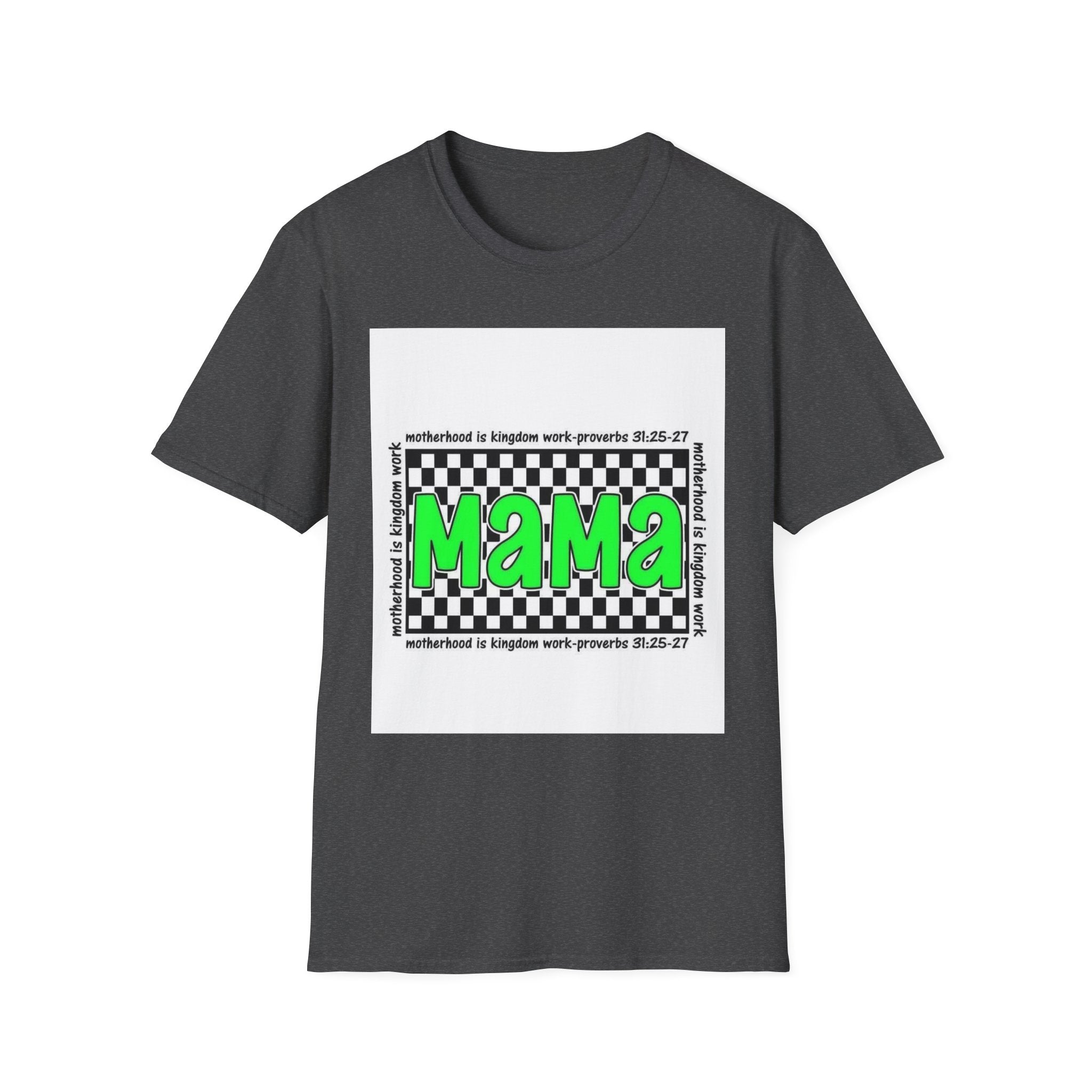 Mama Graphic T-Shirt — Neon Green Checkerboard Mom Shirt (Proverbs 31:25-27 Accent)