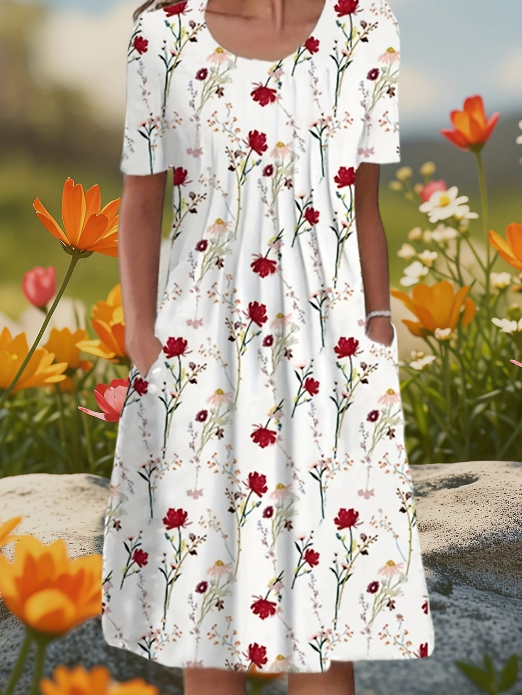 Floral Print Plus Size Pocket Casual Dress