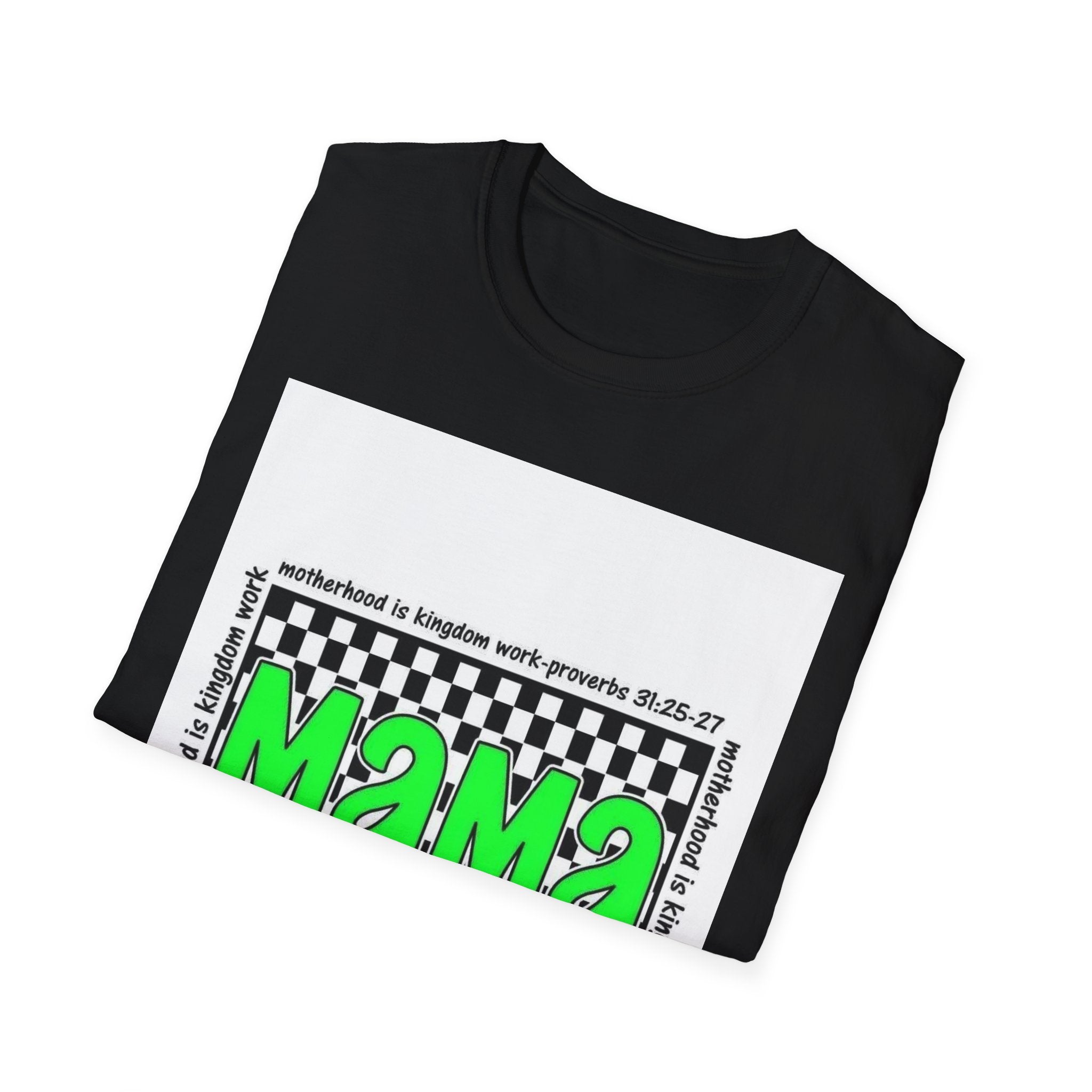 Mama Graphic T-Shirt — Neon Green Checkerboard Mom Shirt (Proverbs 31:25-27 Accent)