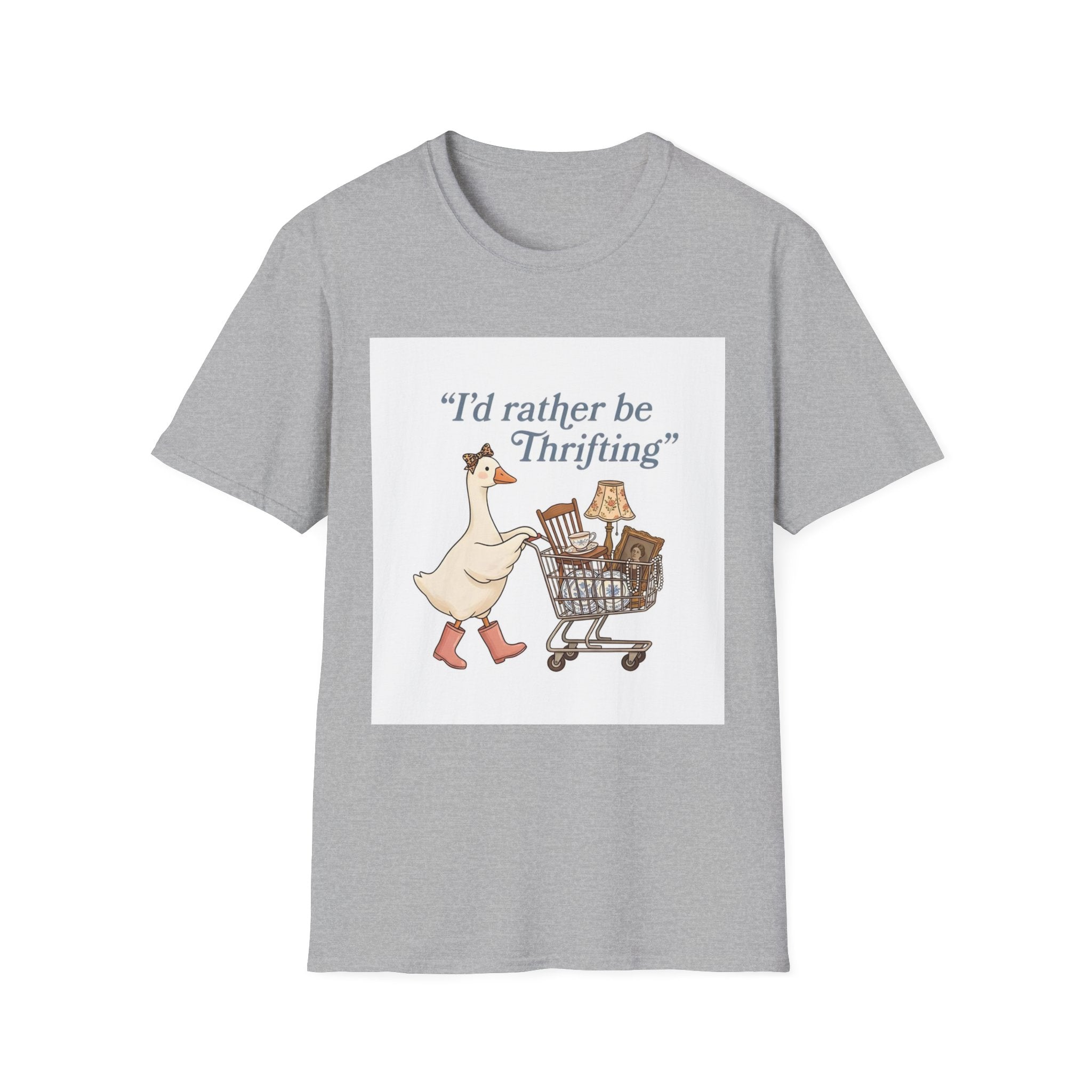 I'd Rather Be Thrifting T-Shirt — Cute Duck with Shopping Cart Vintage Graphic