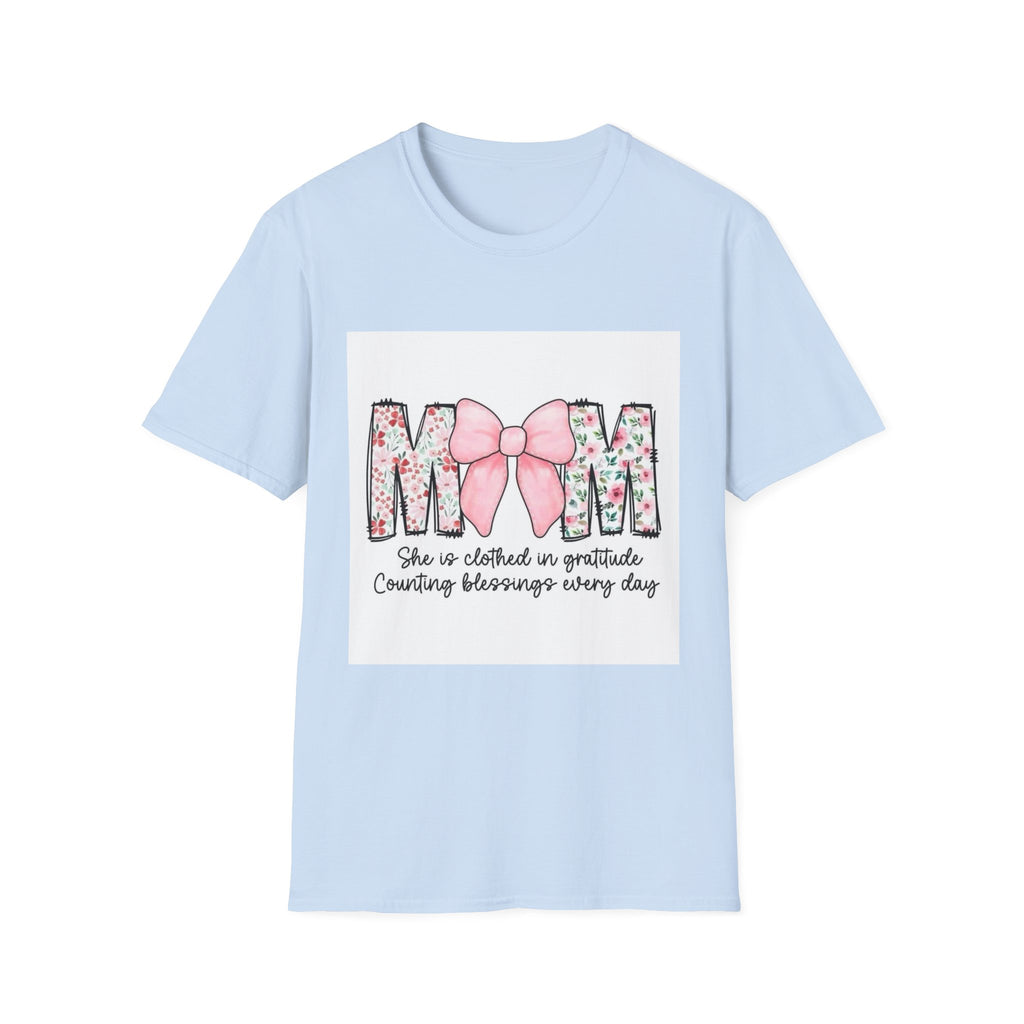 Mom Floral Bow T-Shirt — "She is clothed in gratitude, counting blessings every day"