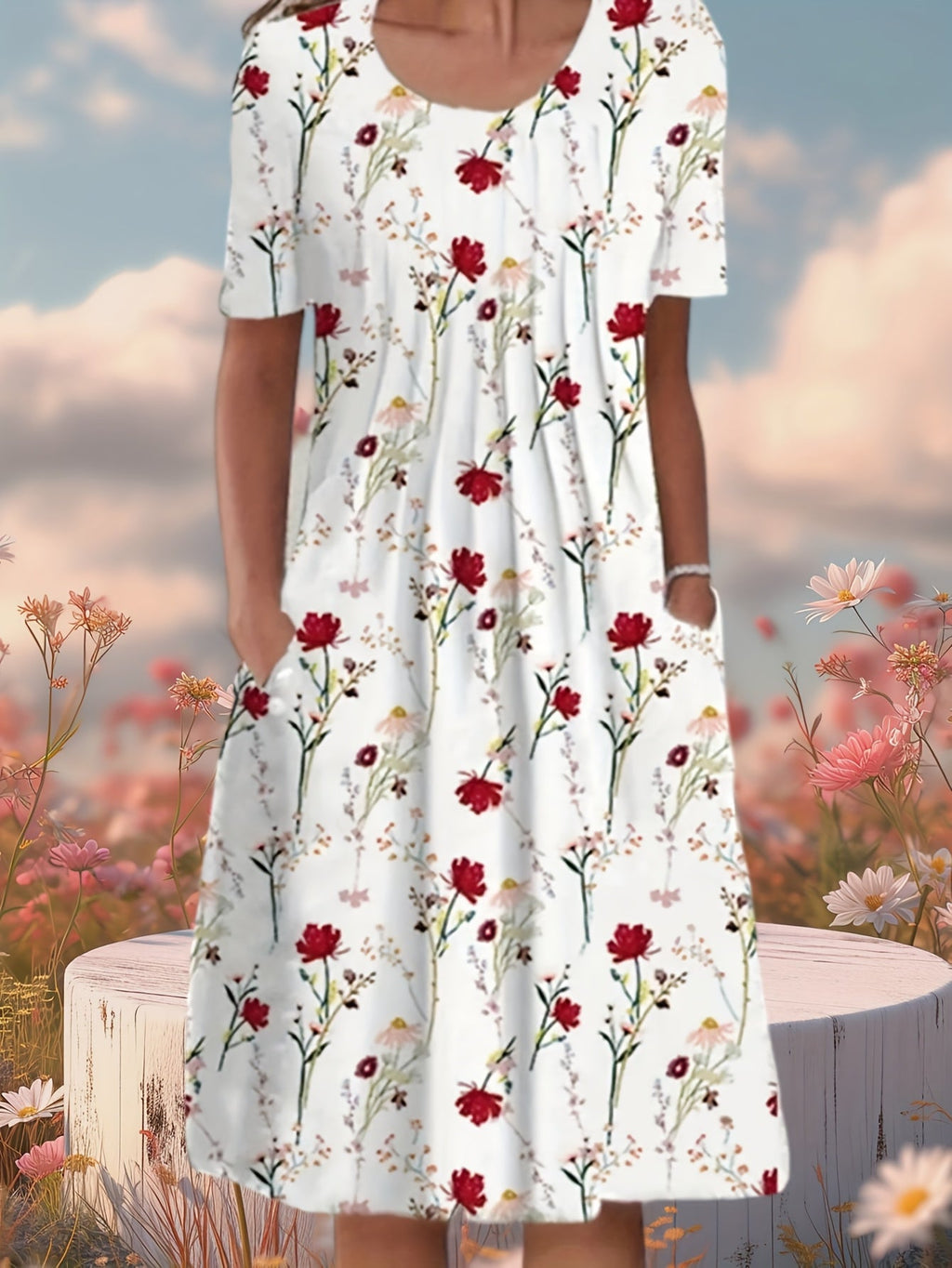 Floral Print Plus Size Pocket Casual Dress