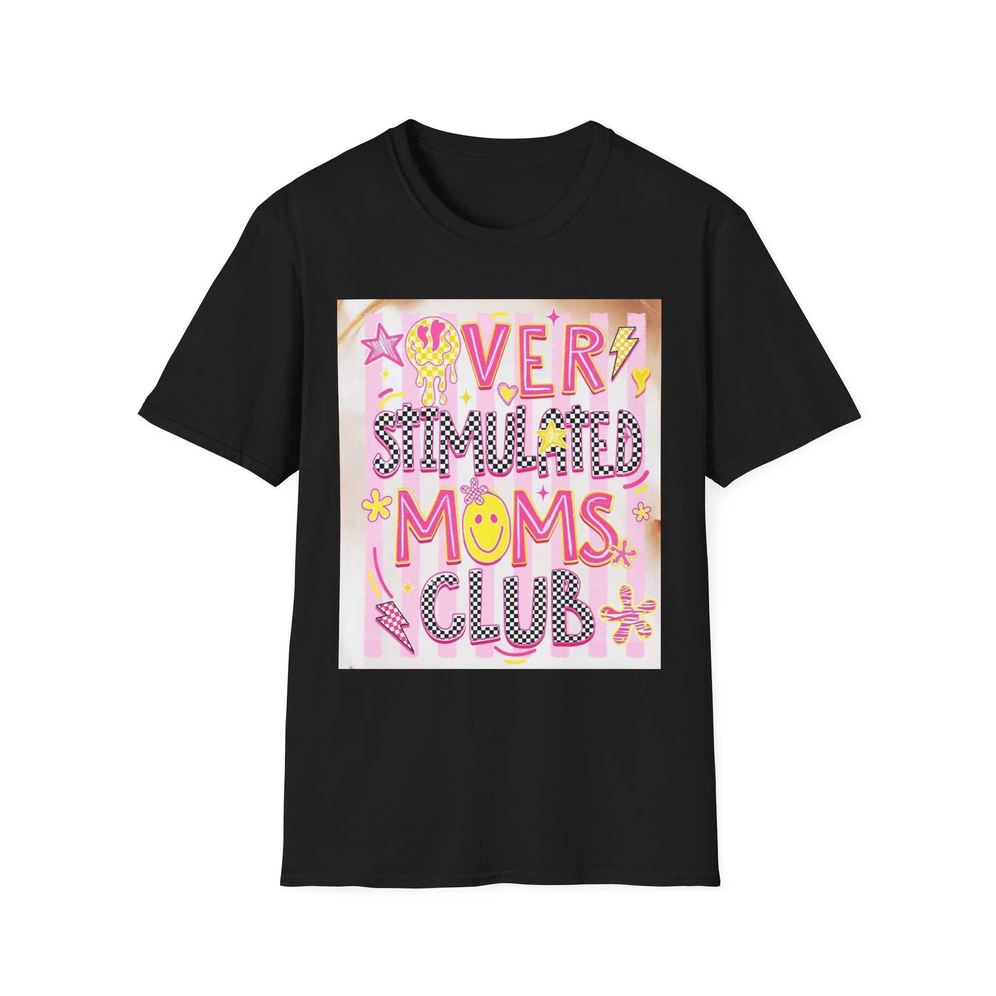 “Overstimulated Moms Club” Graphic T-Shirt — Funny Mom Gift, Bright Retro Doodle Design