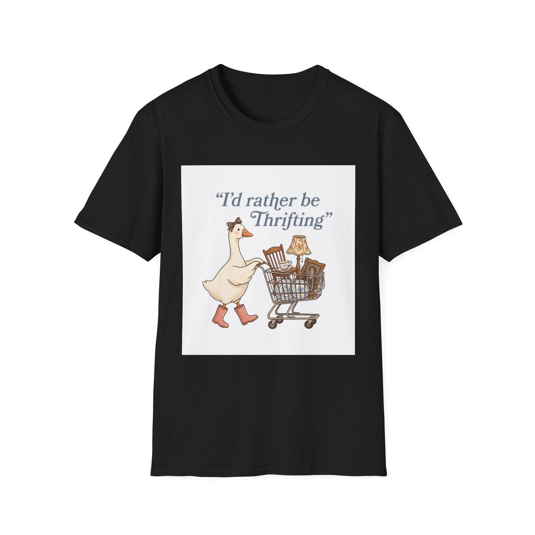 I'd Rather Be Thrifting T-Shirt — Cute Duck with Shopping Cart Vintage Graphic