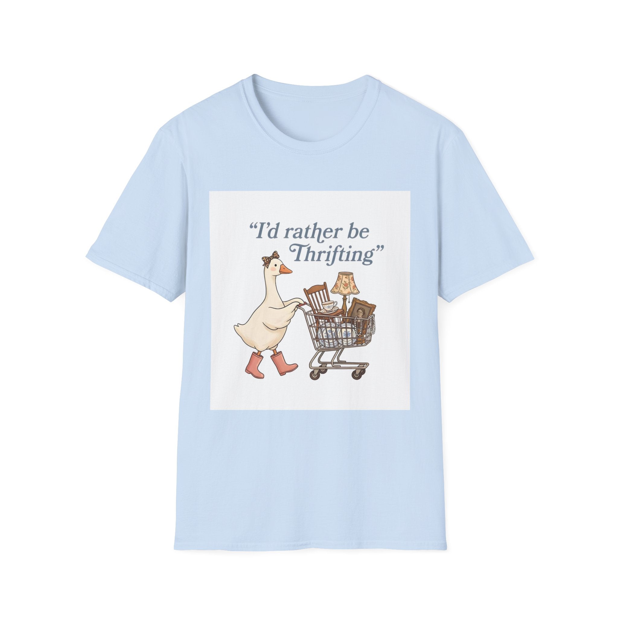 I'd Rather Be Thrifting T-Shirt — Cute Duck with Shopping Cart Vintage Graphic