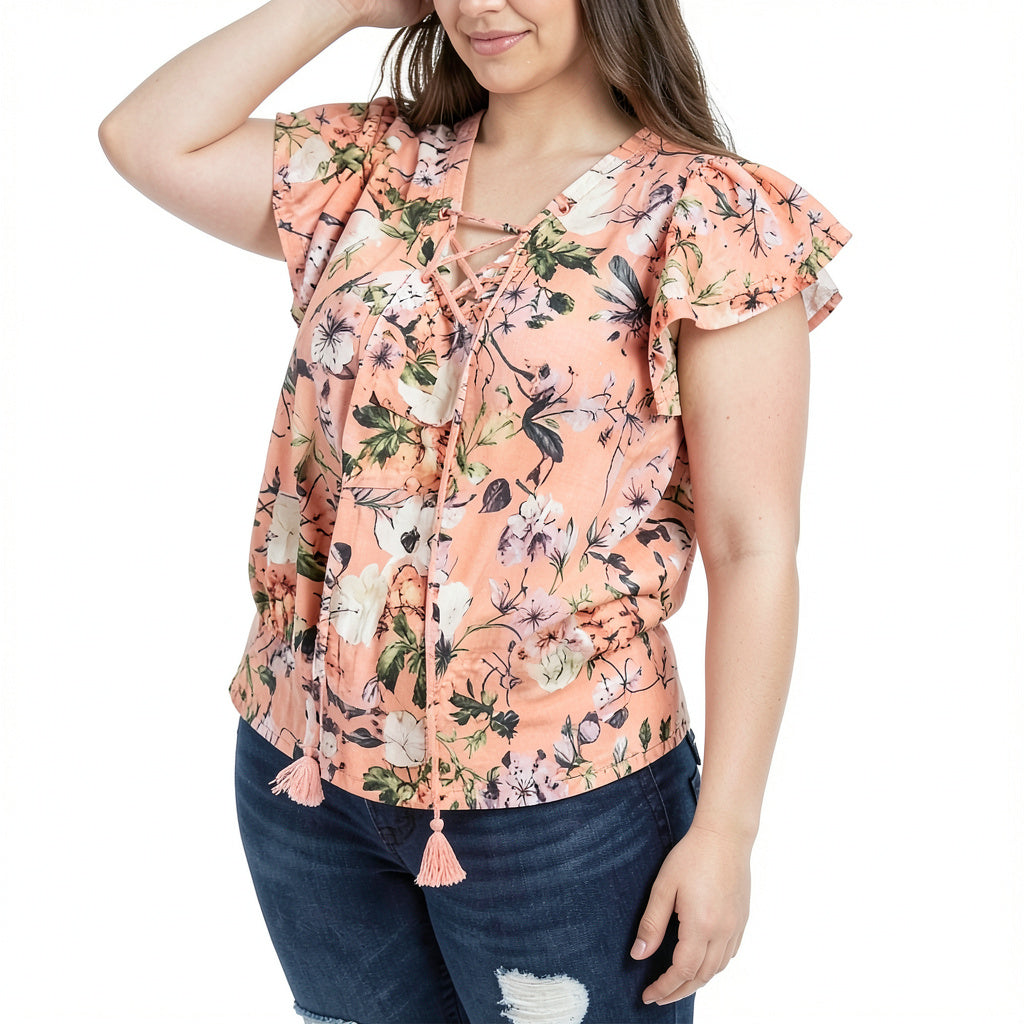 Inc Plus Size Cotton Lace-up Flutter Top, Size OX