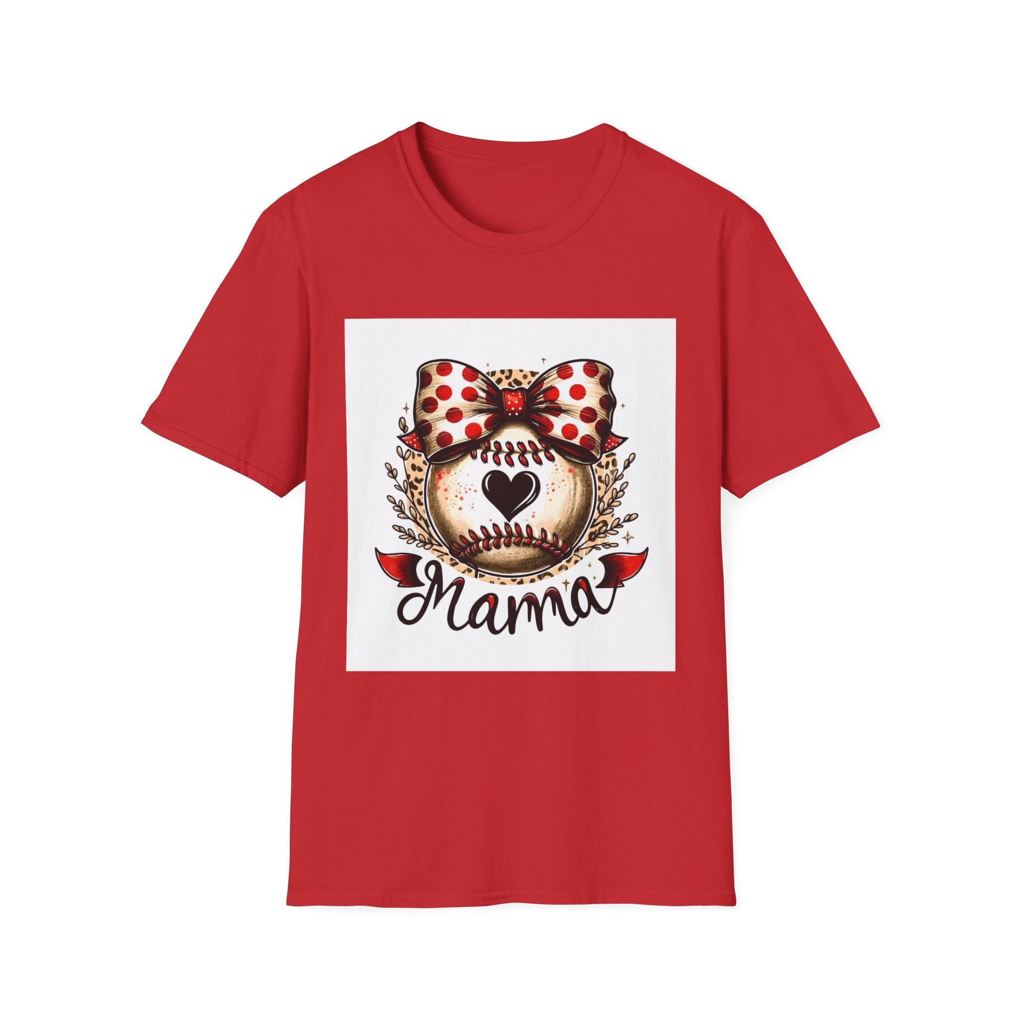 Mama Baseball Heart Tee — Cute Polka Dot Bow Softstyle T-Shirt