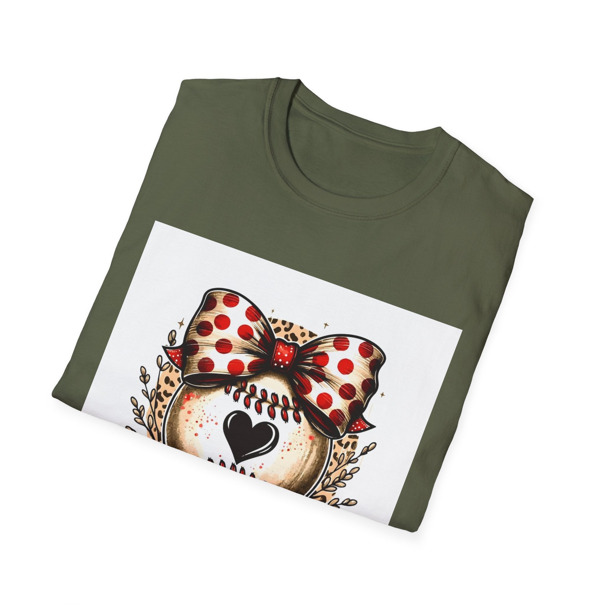 Mama Baseball Heart Tee — Cute Polka Dot Bow Softstyle T-Shirt