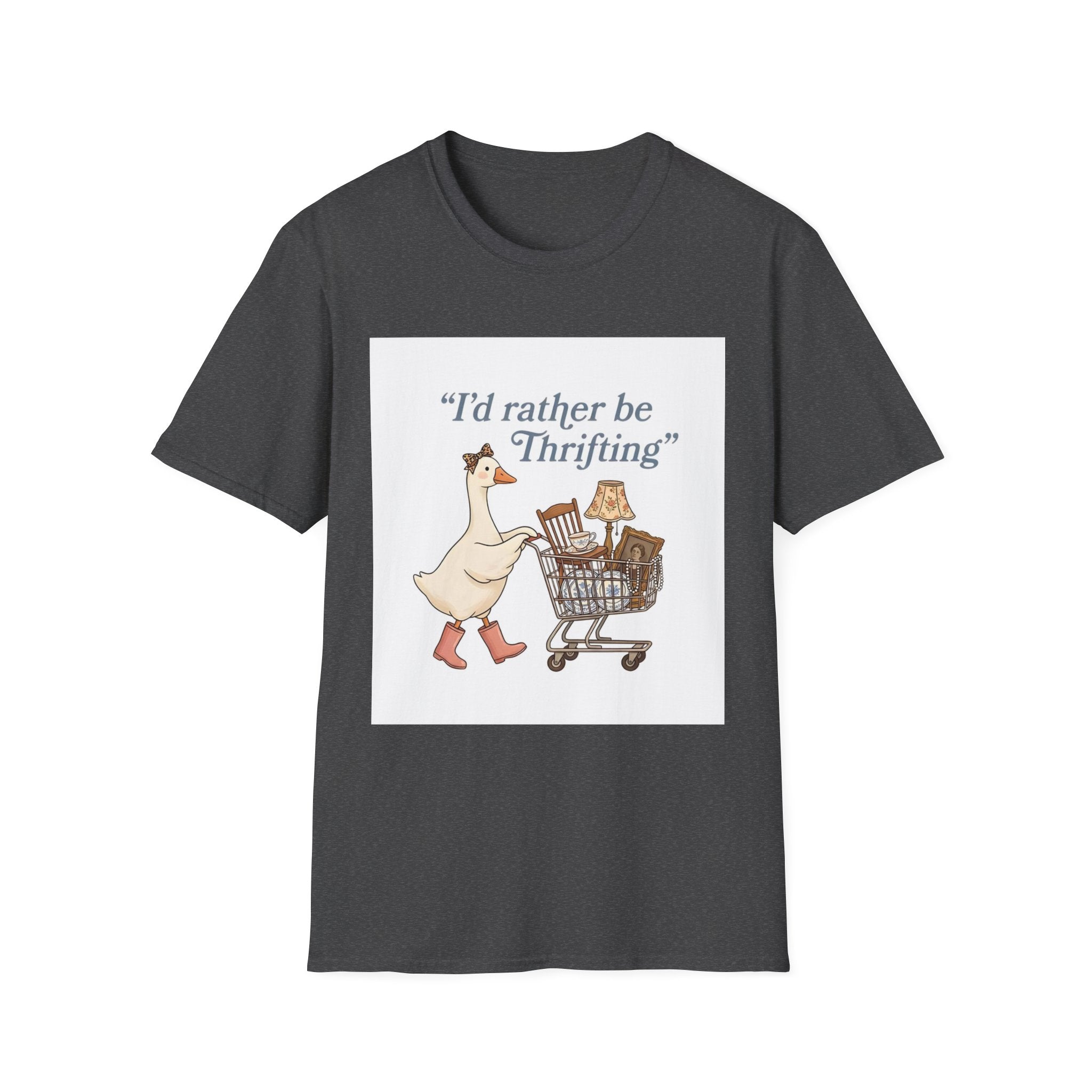 I'd Rather Be Thrifting T-Shirt — Cute Duck with Shopping Cart Vintage Graphic