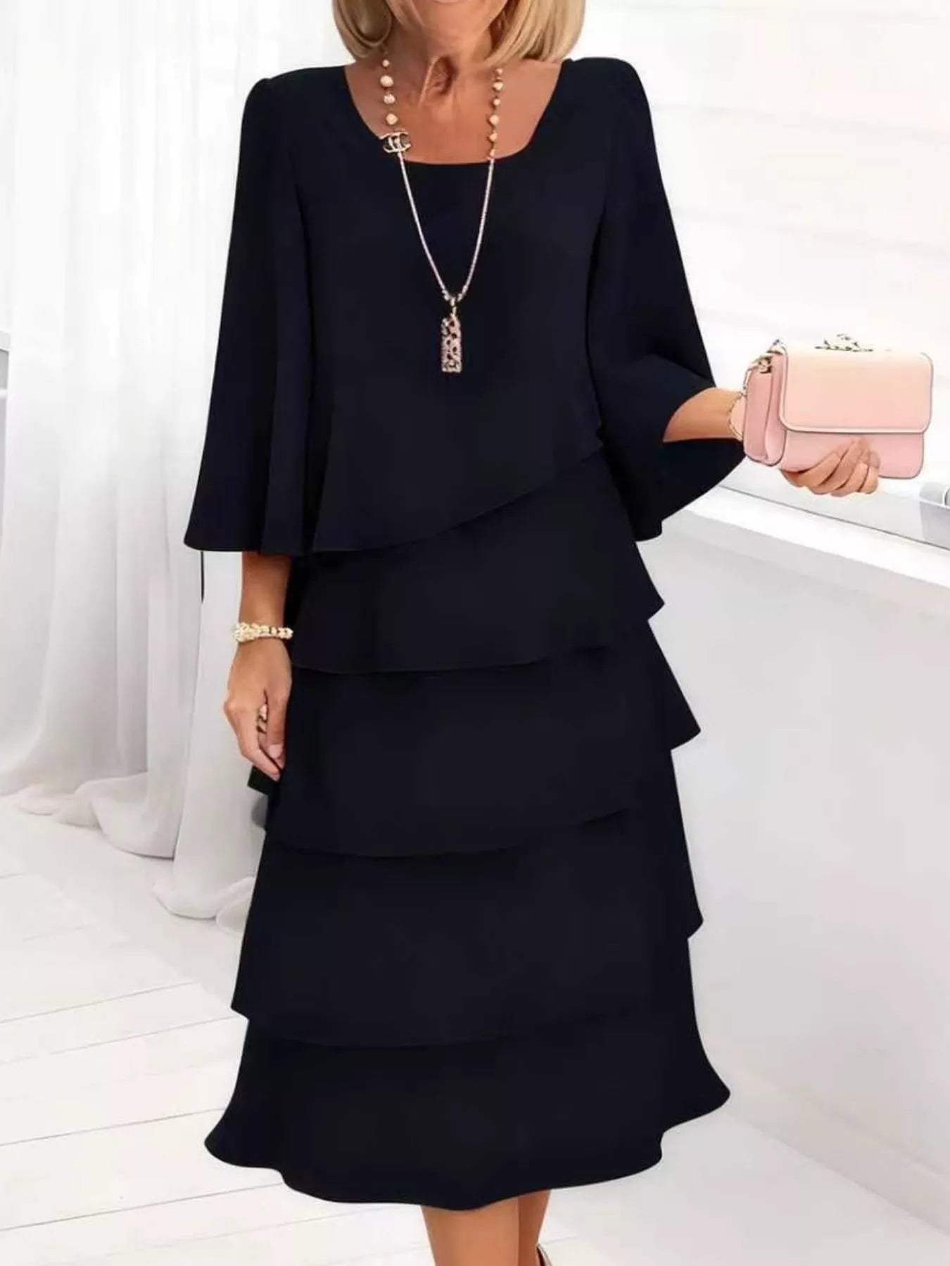 Full Size Ruffled Layered 3/4 Sleeve Dress Plus Size