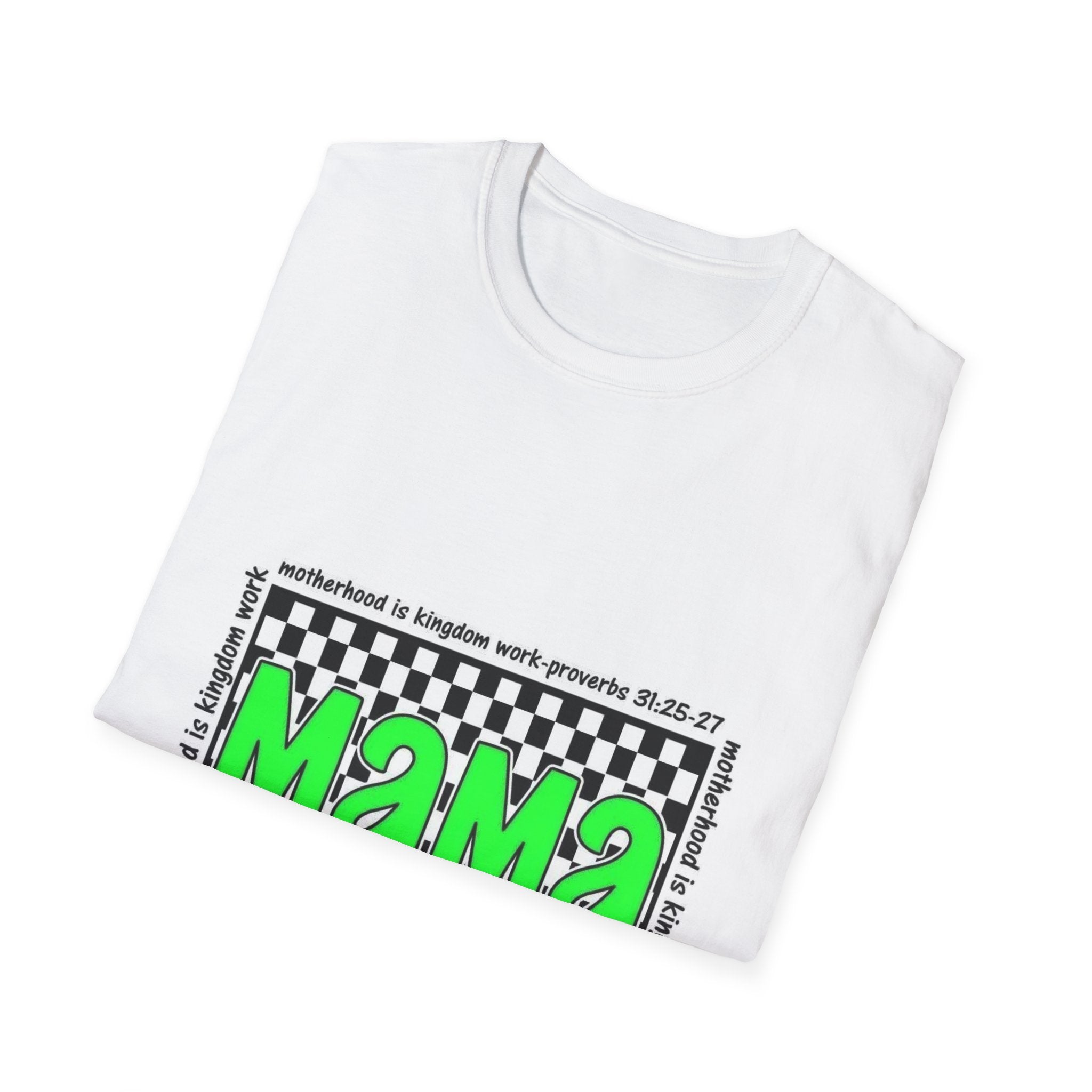 Mama Graphic T-Shirt — Neon Green Checkerboard Mom Shirt (Proverbs 31:25-27 Accent)