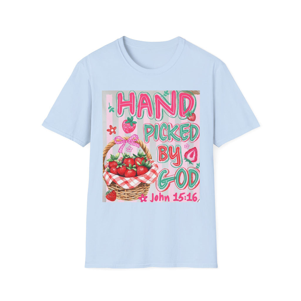 Christian T-Shirt "Hand Picked by God" — John 15:16 Strawberry Basket Graphic