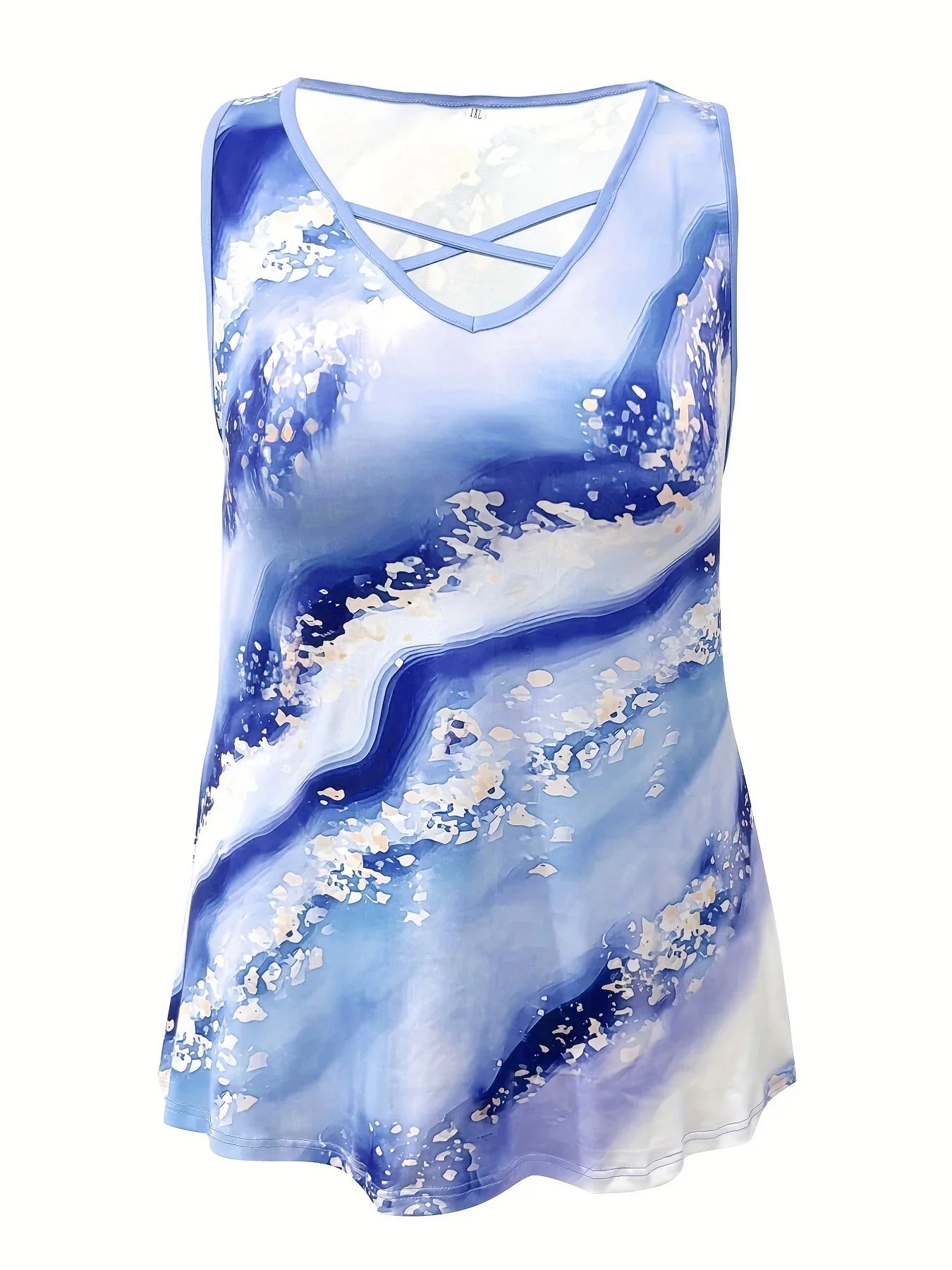 Plus Size Marble Print Tank Top Criss Cross Sleeveless