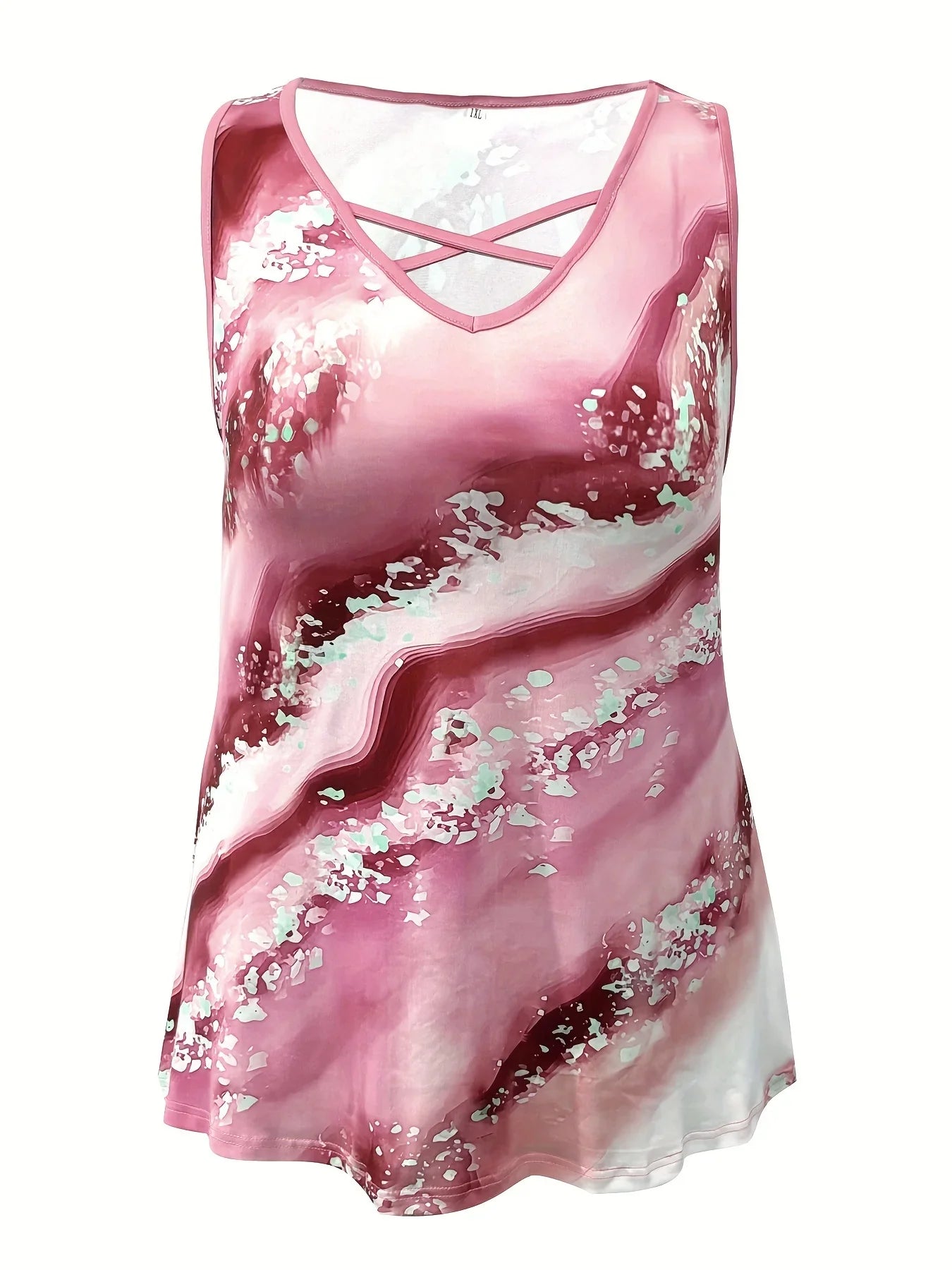 Plus Size Marble Print Tank Top Criss Cross Sleeveless