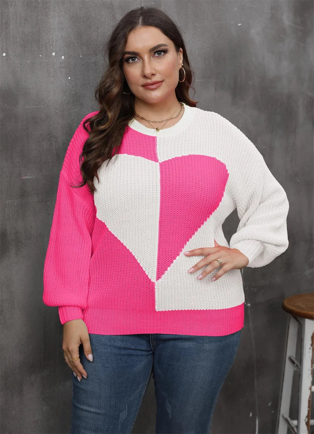 Plus Size Heart Color Block Crew Neck Sweaters Drop Shoulder