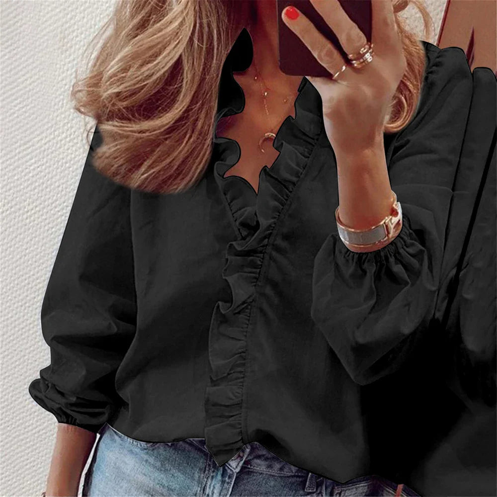 Plus Size Women Ruffled Blouse Pullover Long Sleeve