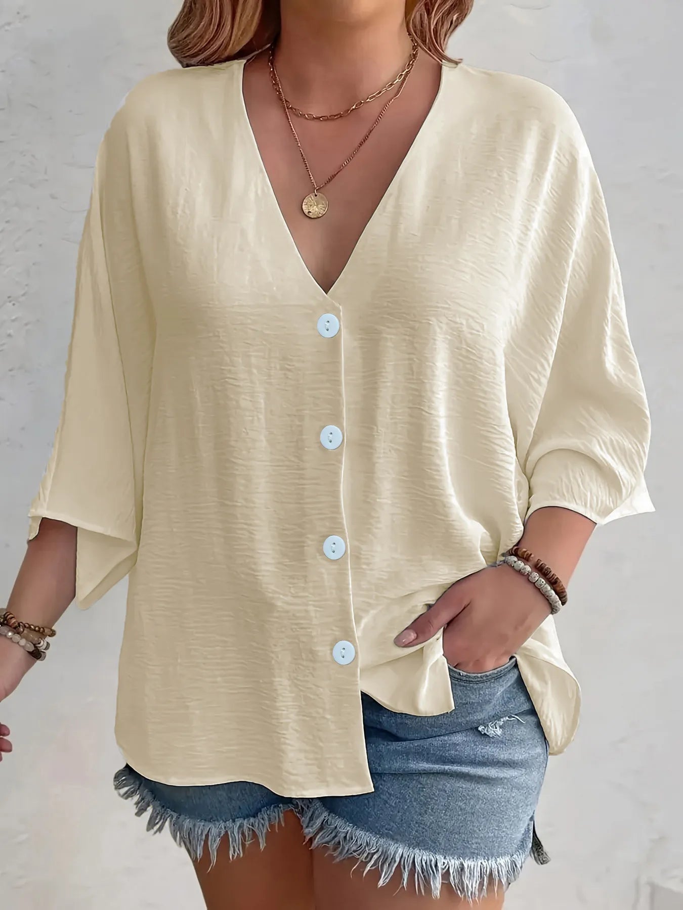 Full Size V-Neck Button Down Shirt Plus Size