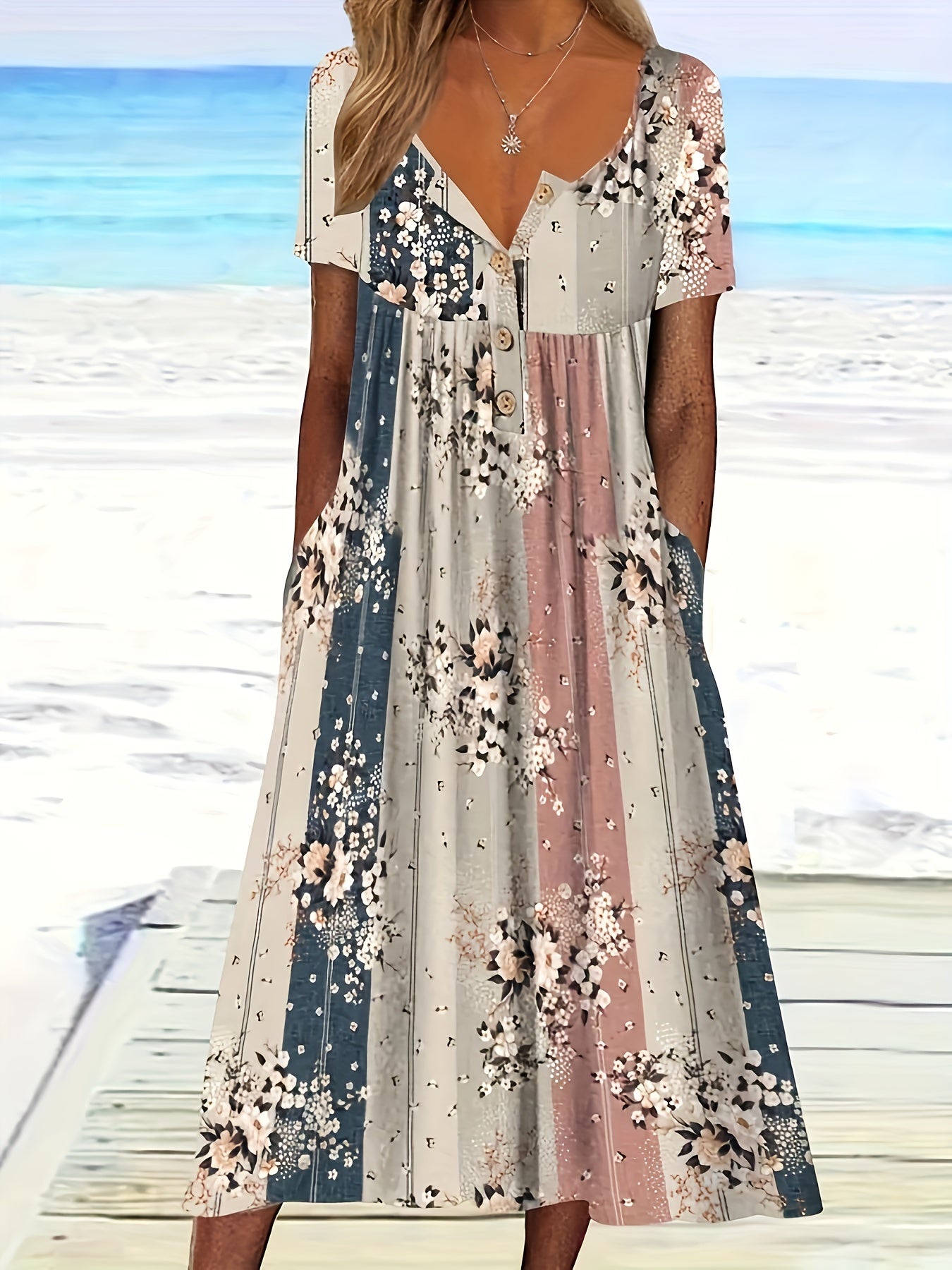 Summer Print Plus Size Dress with Pockets