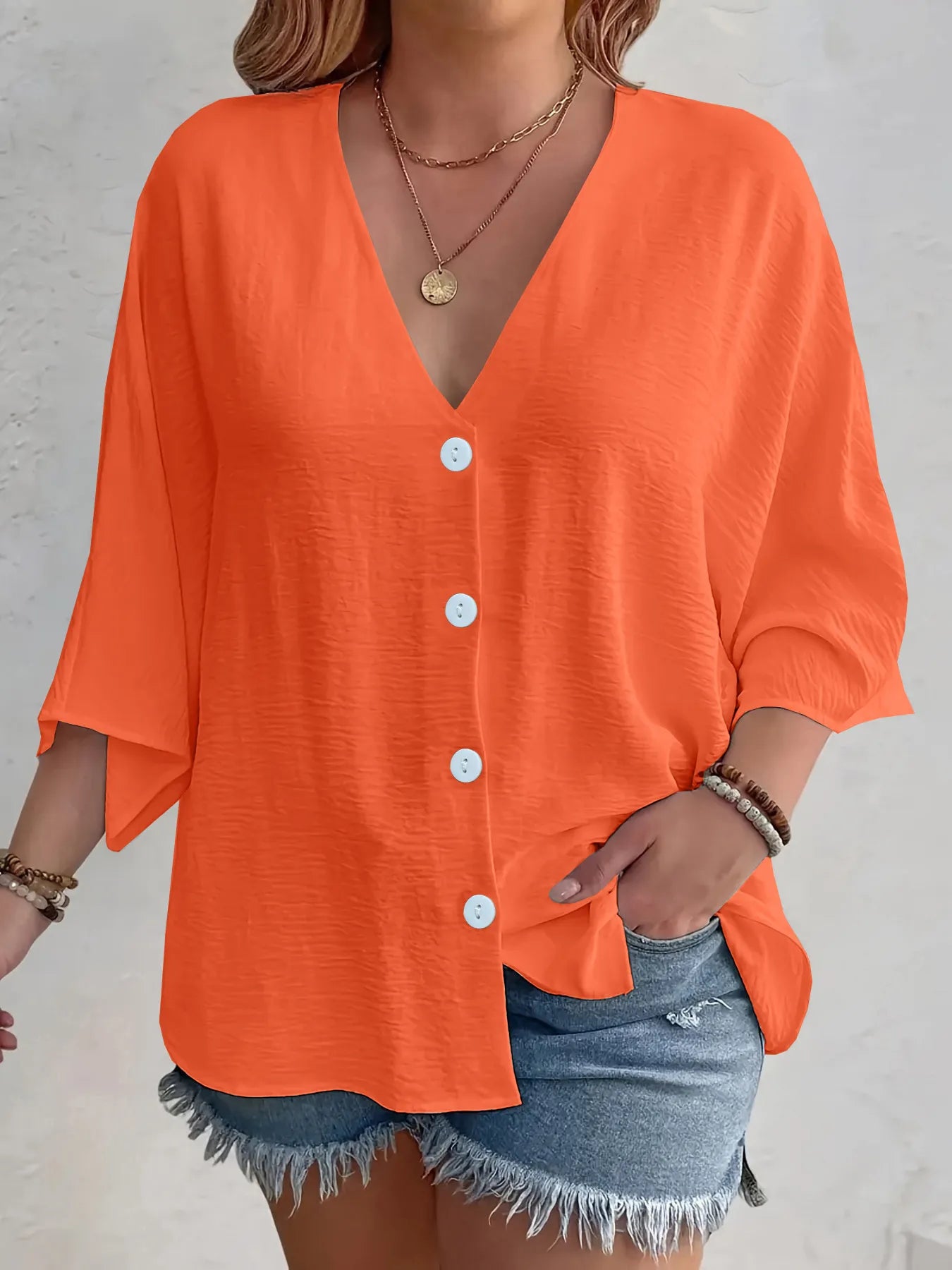 Full Size V-Neck Button Down Shirt Plus Size
