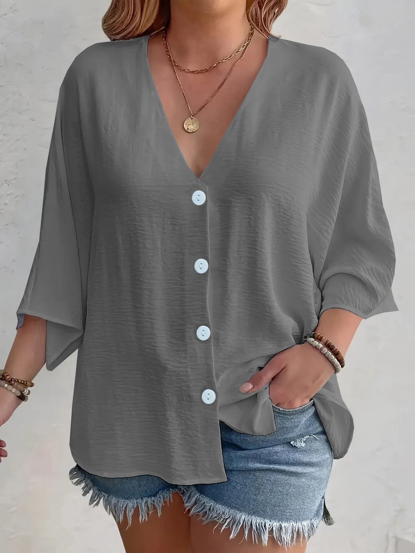 Full Size V-Neck Button Down Shirt Plus Size