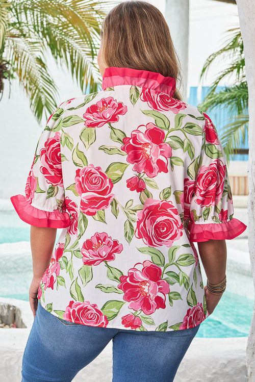 Elise Plus Size Floral Frilled Stripes Blouse