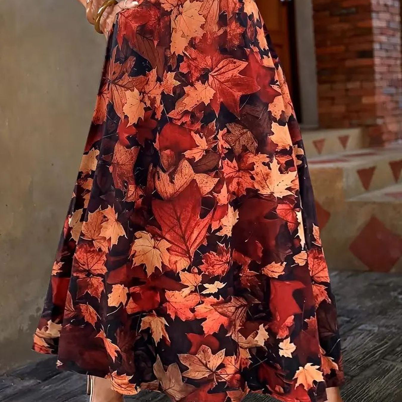 Plus Size Flared Skirt Pockets Leaf Print AllSeason Comfort