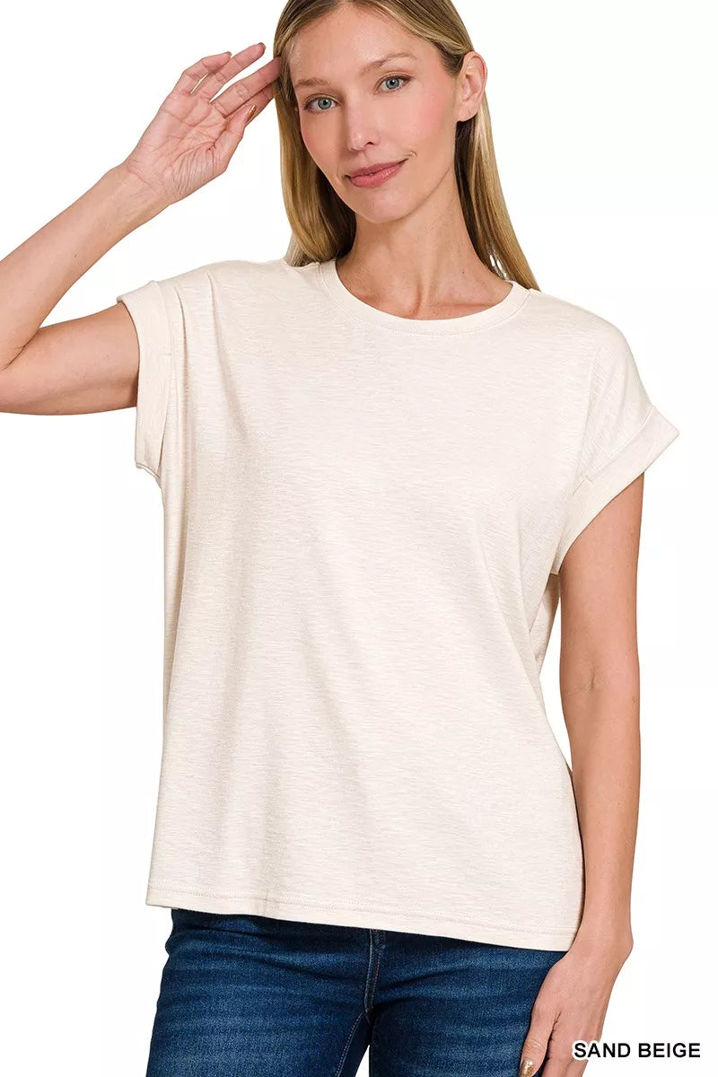 Full Size Cotton Modal Slub Rolled Sleeve T-Shirt Plus Size