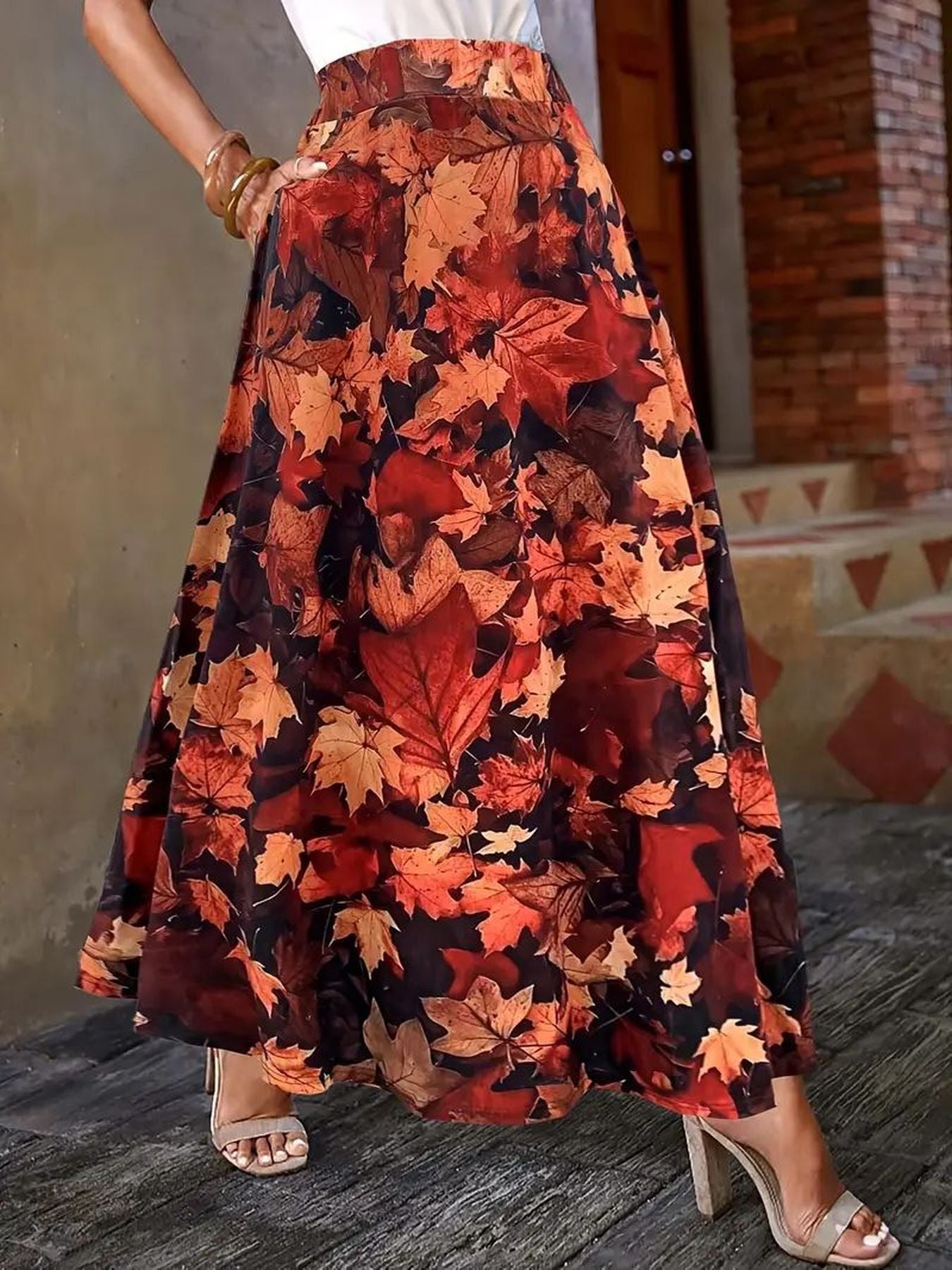 Plus Size Flared Skirt Pockets Leaf Print AllSeason Comfort