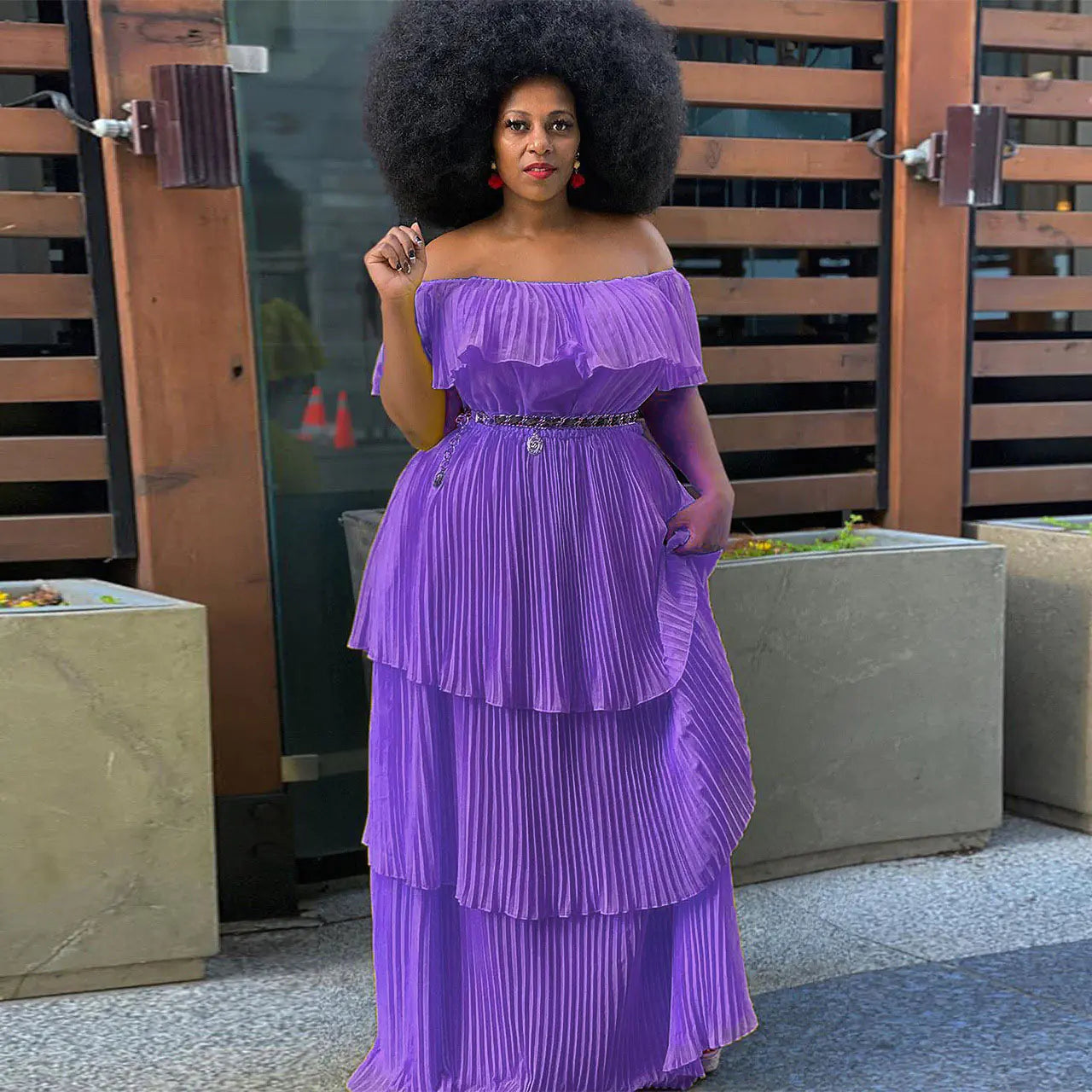 Plus Size Solid Color Off Shoulder Tiered Dress