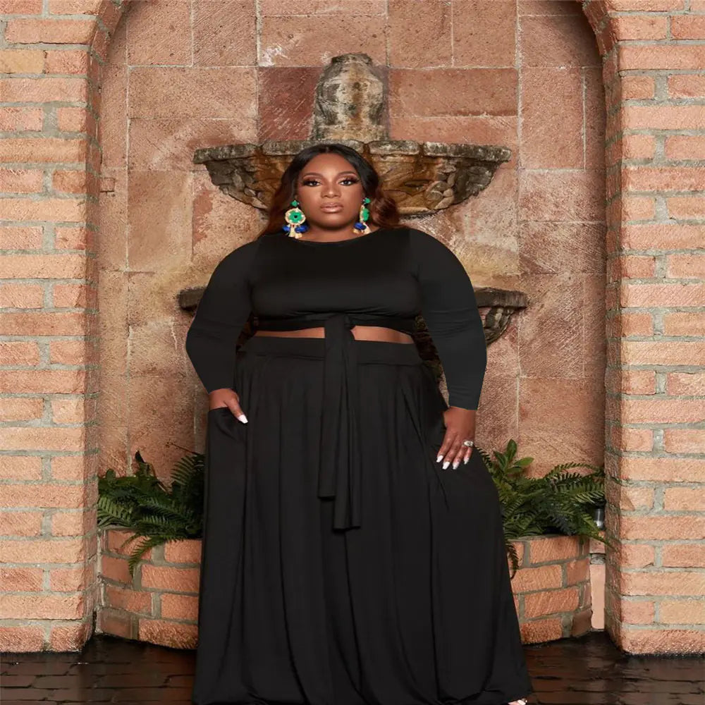 Plus Size Women's Sexy Two-Piece Skirt Set with Long Sleeves