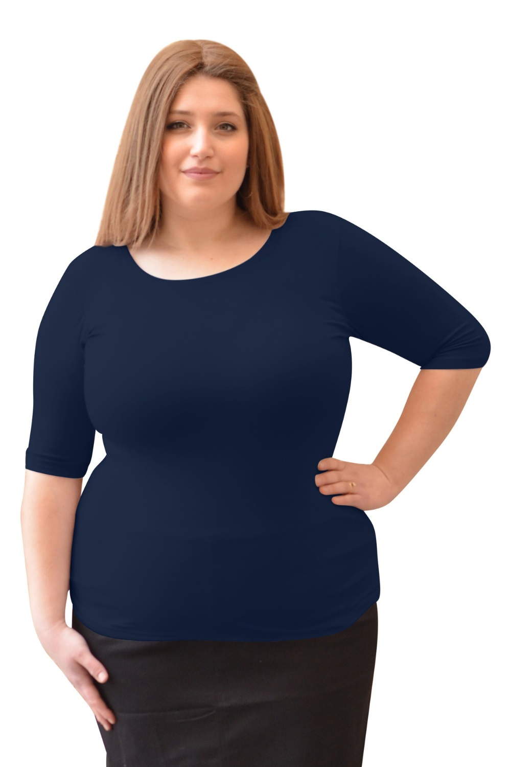 Plus Size Fitted Layering Shell - Modest Round Neck with Elbow Sleeves