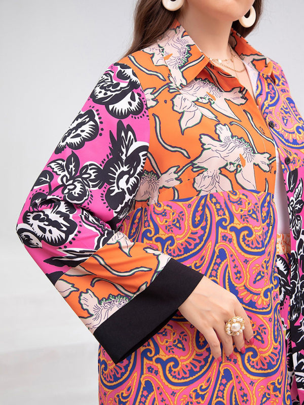 Modern plus size women's loose retro floral shirt suit