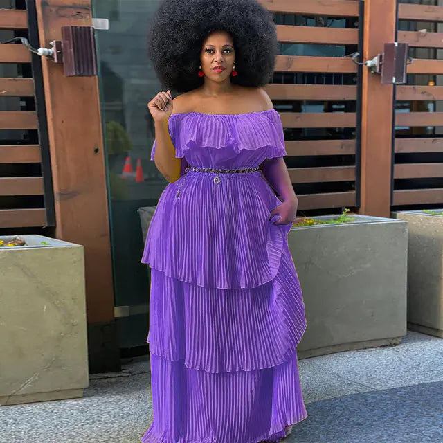 Plus Size Solid Color Off Shoulder Tiered Dress