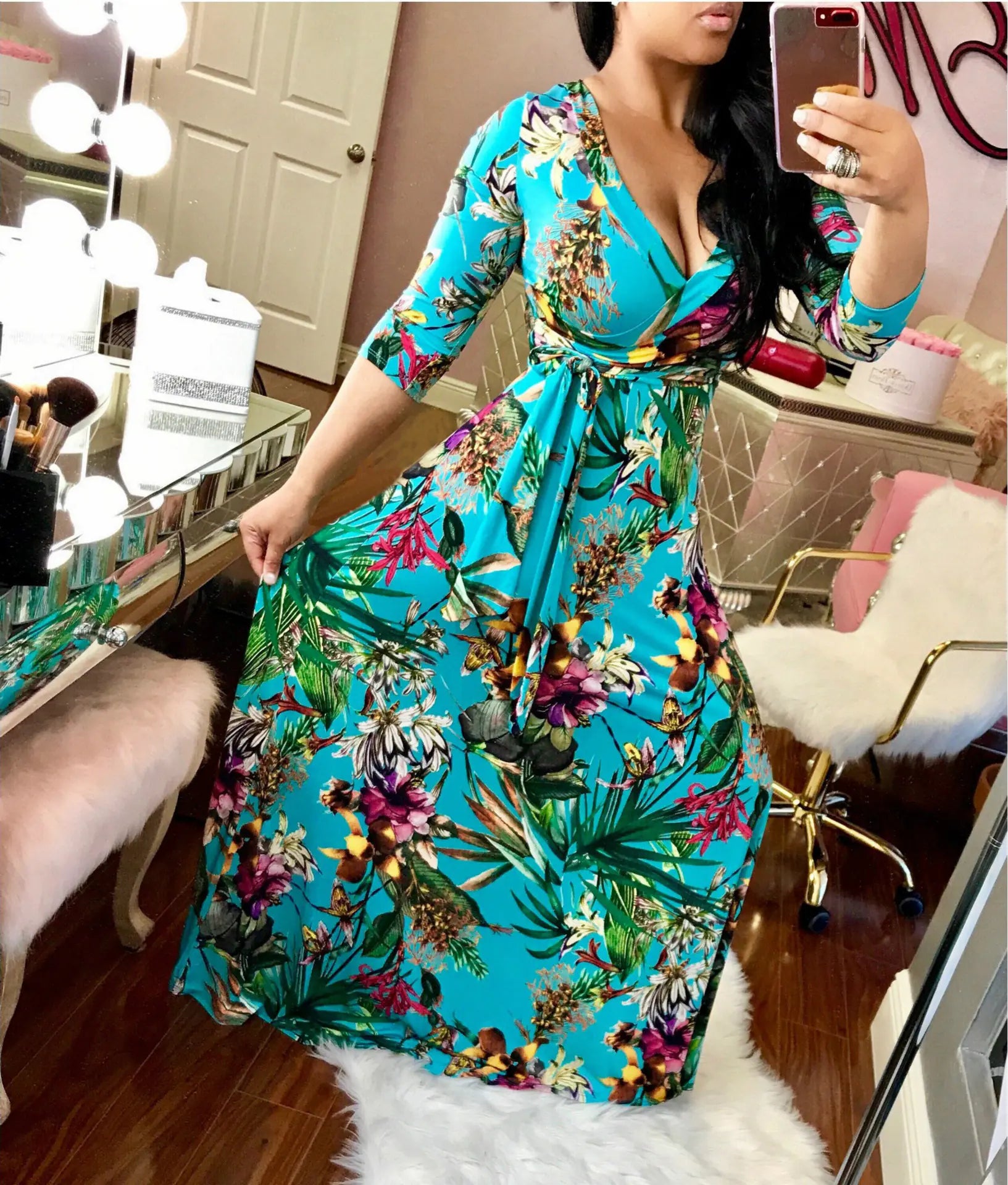 Plus Size Floral Maxi Dress with V-Neck Design