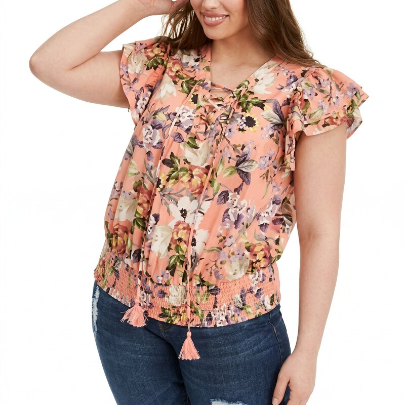 Inc Plus Size Cotton Lace-up Flutter Top, Size OX