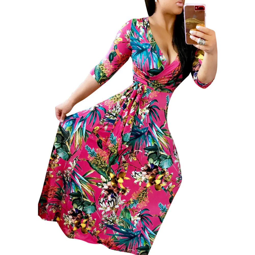 Plus Size Floral Maxi Dress with V-Neck Design